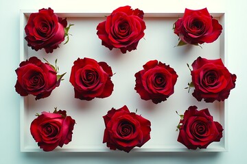 Vibrant red roses arranged in a geometric frame on a white background, each rose positioned to enhance the overall symmetry.