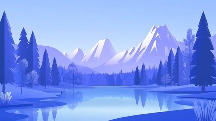 Serene winter lake, mountain vista, snowy forest, calm reflection, winter wonderland