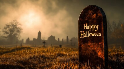 Happy Halloween Graveyard Scene in Moonlight