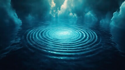 Mystical ripples on dark water surface under dramatic cloudy sky.