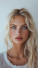 Naklejka premium Beauty portrait of a beautiful blonde woman with long hair, blue eyes, and natural minimalistic makeup