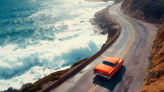 Fototapeta Vintage Car on Coastal Highway with Crashing Ocean Waves and Scenic Views