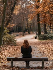 Pensive Woman on Autumn Park Bench Amid Fallen Leaves and Tranquil Path