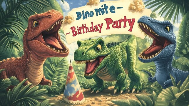 Colorful dinosaur themed illustration for a lively birthday party celebration - Powered by Adobe
