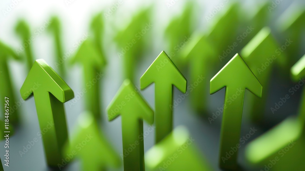 Poster close-up of numerous green upward arrows pointing to the sky, symbolizing growth, progress, and succ