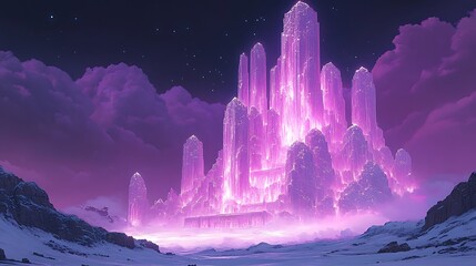 A Glowing Purple Crystal Castle in a Winter Landscape