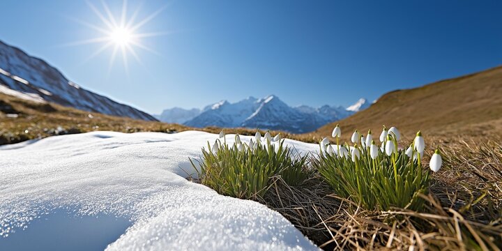 A field of snow covered grass with a few flowers poking through. The sun is shining brightly in the background