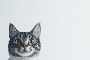 Obraz premium Curious tabby cat peering from the side against a white background.