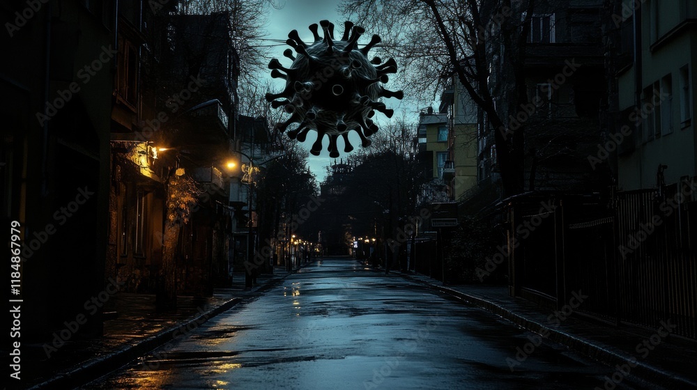 Aufkleber Empty urban street with a surreal virus motif suspended above at twilight creating an eerie atmosphere. Generative AI