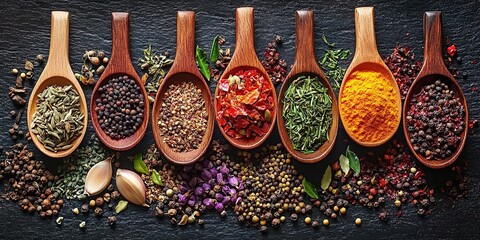 Colorful spices in wooden spoons on a dark background, top view.