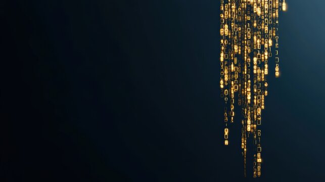 Futuristic digital data stream with glowing binary code on dark background