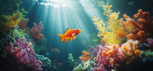 Obraz premium Vibrant orange fish swims in a colorful coral reef, sunbeams illuminate the scene.