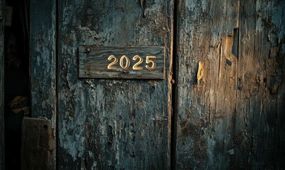 Glowing 2025 on weathered, decaying wood.