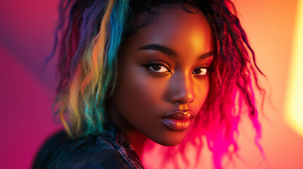 Fototapeta premium African American young striking woman with rainbow colored hair looks boldly into the frame