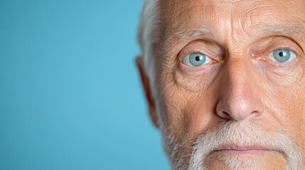 Elderly Man With Striking Blue Eyes Poses Against a Soft Blue Background in a Moment of Quiet Reflection During the Afternoon Light