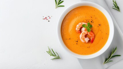 Bowl of creamy shrimp bisque garnished with shrimp and fresh herbs, placed on a white table, surrounded by rosemary sprigs, flat lay composition with copy space for text.



