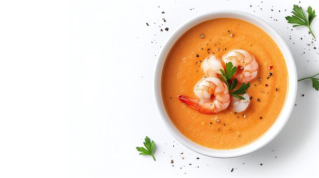Bowl of creamy shrimp bisque garnished with shrimp and parsley, served on a white background with scattered herbs and pepper flakes, flat lay composition, copy space for text.


