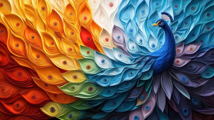 Colorful peacock paper art with vibrant, layered feathers.