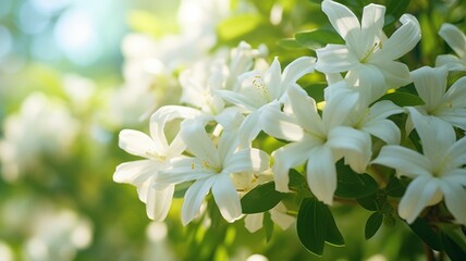 Blooming white jasmine flowers in lush garden nature photography soft light fresh atmosphere