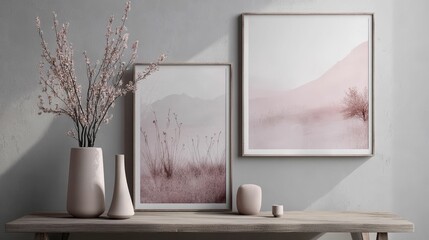 Pastel landscapes, vase, branches, wooden shelf, neutral tones.