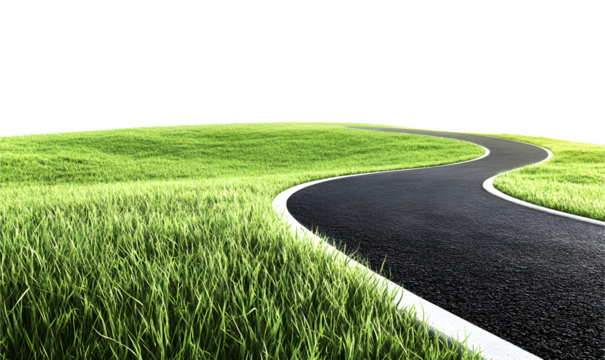 A winding asphalt road with white lines runs through a field of lush green grass.