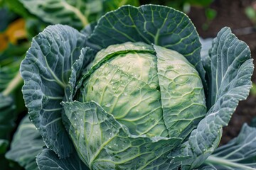 Fototapeta premium Close up of a vibrant green cabbage head growing in a vegetable garden, its leaves covered with glistening water droplets