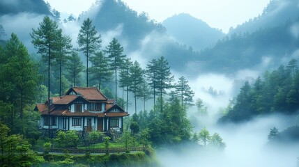 Misty mountain home nestled in lush green forest.