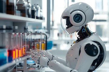 Futuristic Robot Scientist in Lab, AI Technology, Research