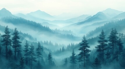 Obraz premium Misty mountain landscape with coniferous forest.