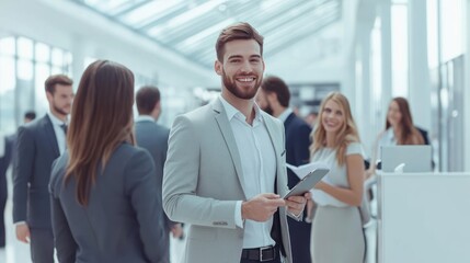 Confident Businessman at a Corporate Event Smiling and Holding a Tablet
