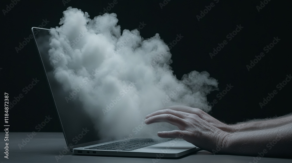 Fototapete Glowing AI Robot Hologram Emerges From Computer in a Dark Modern Workspace