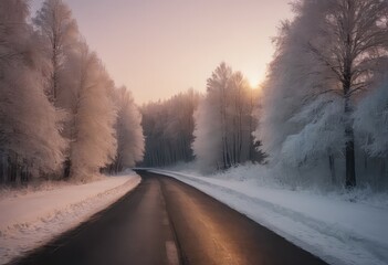 Obraz premium A detailed pixel art depiction of a snowy road flanked by trees covered in snow