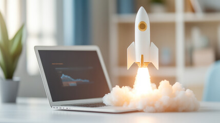 Rocket Launch Simulation Emits Dust and Sparks From a Laptop in Modern Workspace