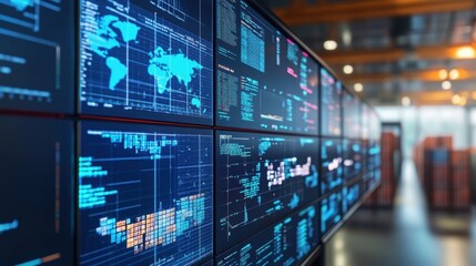 Multiple screens showcasing global manufacturing data and kpis illuminate a modern factory control room, boosting operational efficiency and real time decision making