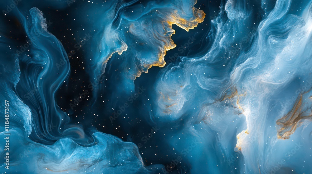 Poster abstract swirling blue and gold nebula-like artwork with glittering particles.