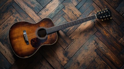 Fototapeta premium Vintage acoustic guitar on wood floor.