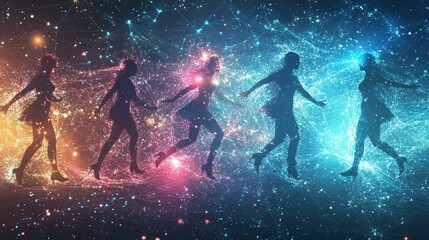 Naklejka premium Silhouetted figures dance amidst glowing, interconnected lines.