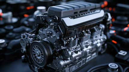 Fototapeta premium Engine Design Showcases Intricate Metallic Components and Engineering Excellence