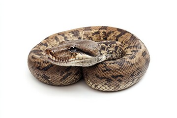 Obraz premium Close-up of a coiled python on white background.