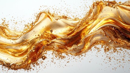 Dynamic Flow of Golden Liquid with Splashing Droplets on a White Background - Abstract Art