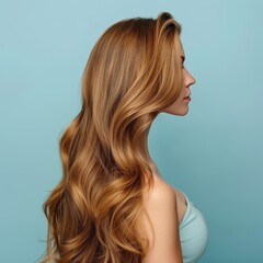 Fototapeta premium Woman with flowing golden hair against a light blue background showcasing hair length and texture during a serene moment