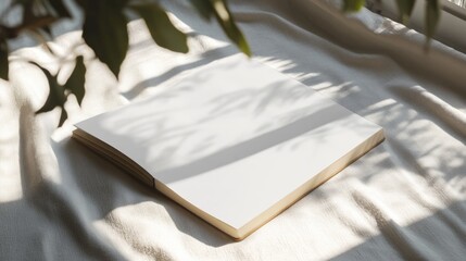 Blank notebook on textured fabric with leaf shadows.