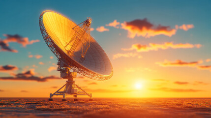 Obraz premium Large Satellite Dish Captures Signals During Sunset Over Vast Open Landscape