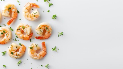 Cooked shrimp with parsley garnish on a white background, flat lay composition with copy space, fresh seafood appetizer and healthy eating concept

Cooked shrimp with parsley garnish on a white backgr