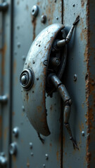 Detailed image of a metallic key mechanism with AI elements integrated into an old door.
