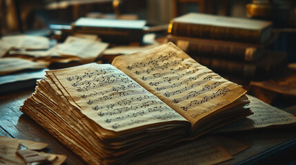 Obraz premium Antique musical score rests on a wooden table surrounded by vintage books and papers