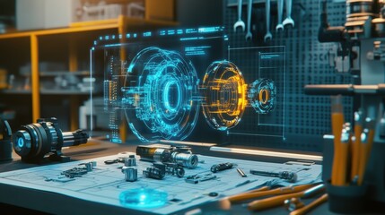 Holographic projection displaying an engine and its components during a futuristic manufacturing process, combining advanced technology with engineering precision