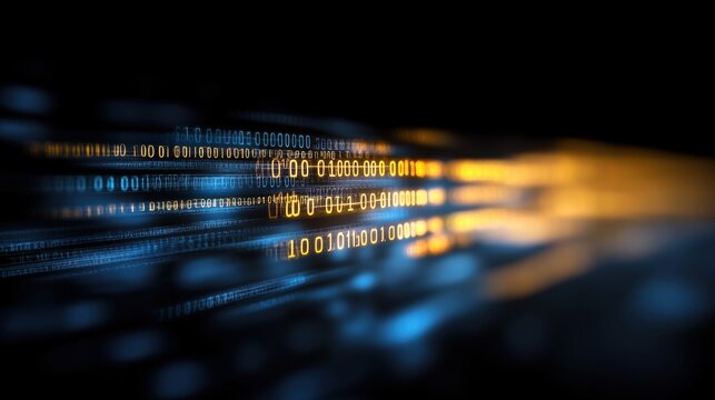 Abstract binary code stream with dynamic glowing lights in motion