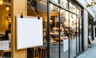 Blank White Square Sign on Glass Door of Industrial Building with Coffee Shop Inside