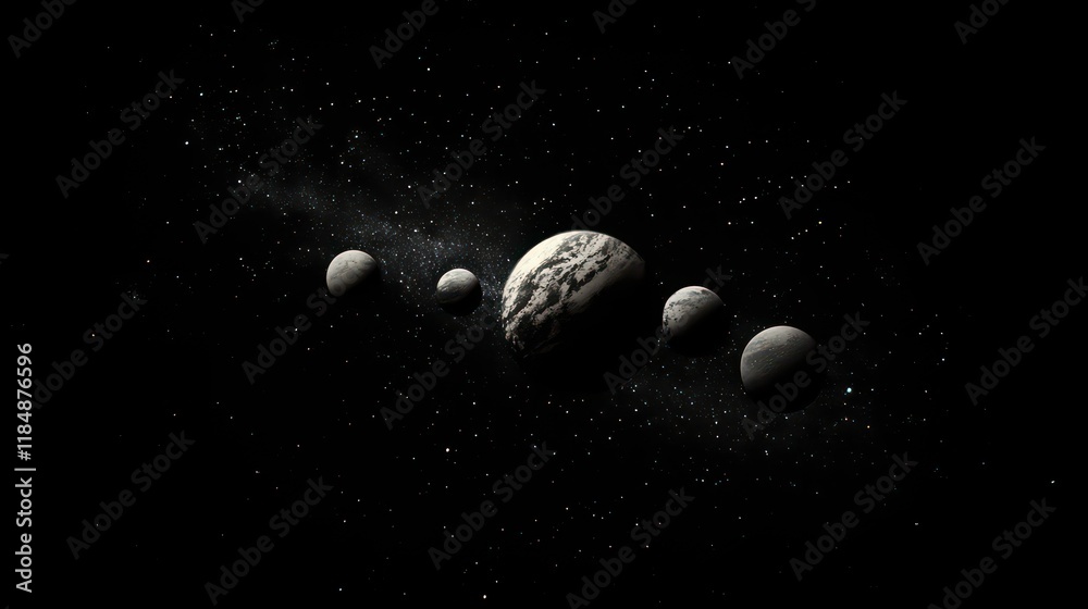 Aufkleber Planetary system with moons orbiting a large planet against a starry backdrop.